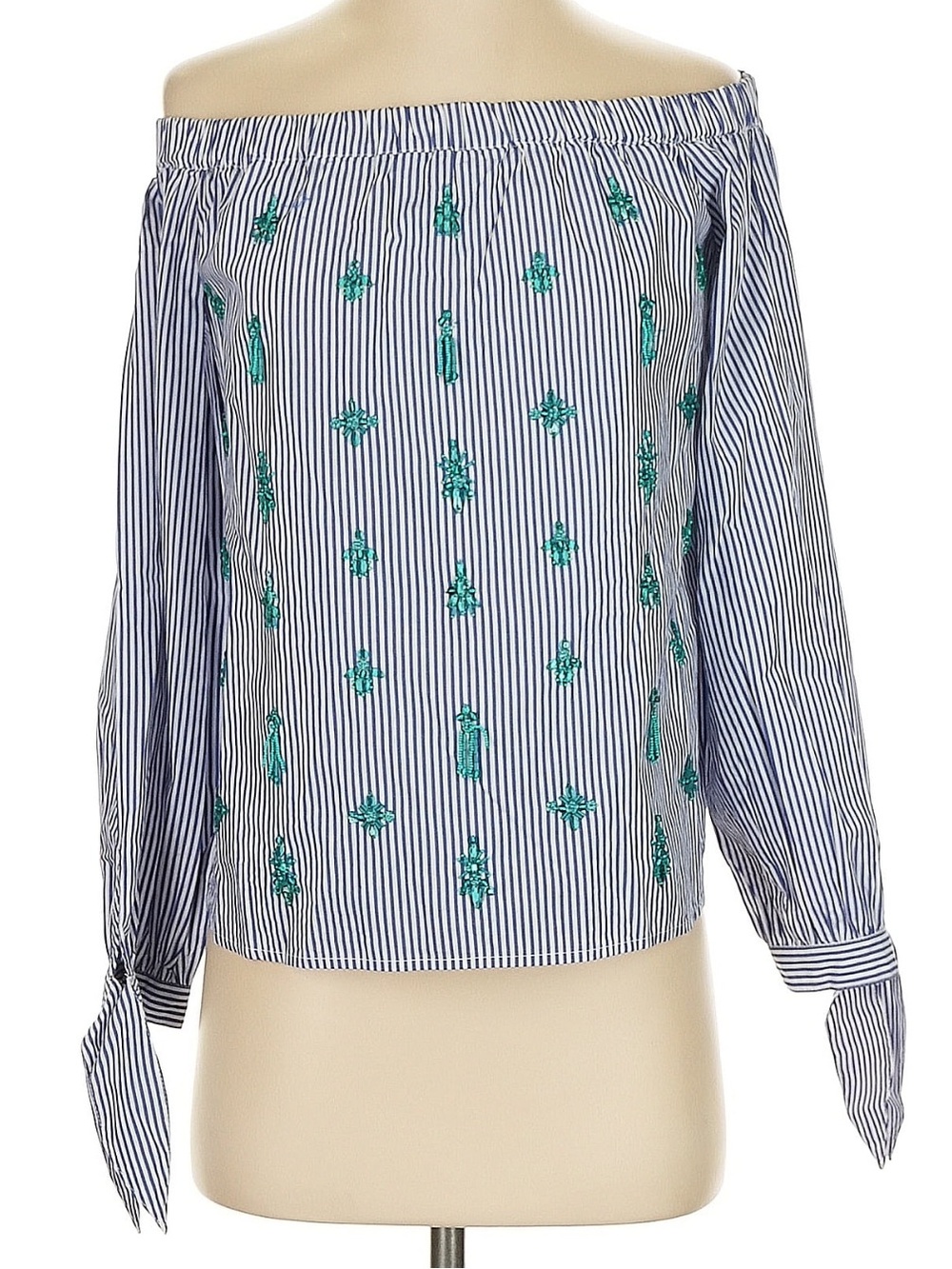 J. Crew Blue and White Striped Top Embellished with beads, Off-the-shoulder New